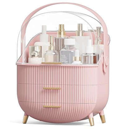 Makeup Organizers, Make Up Organizers for Vanity, Countertop Cosmetic Storage with Drawers and Transparent Cover for Bedroom Bathroom(Pink)