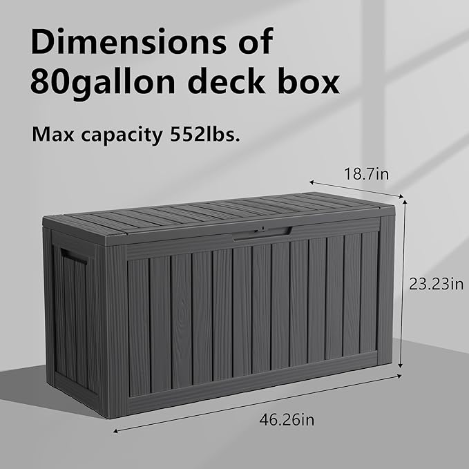 80 Gallon Resin Deck Box, Outdoor Waterproof Storage Containers, Lockable Patio Storage Box For Furniture, Gardening Storage With Lids (Brown)