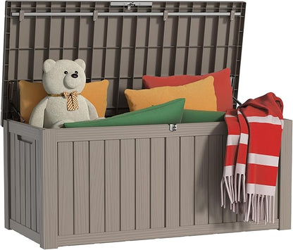 120 Gallon Outdoor Storage Box, Resin Waterproof UV-Resistant Deck Box with Hydraulic Lid Support, Reinforced Stability for Patio, Garden, and Poolside, Striped Gray