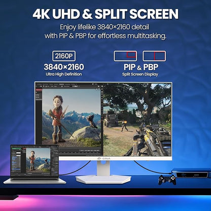 CRUA 27” Gaming Monitor, IPS UHD 3840x2160 4K 160Hz / FHD 320Hz Dual Mode White Computer Monitor, Rotating/Pivot & Height-Adjustable, AMD FreeSync, Built-in Speakers, PIP/PBP, HDMI 2.1 & DP 1.4