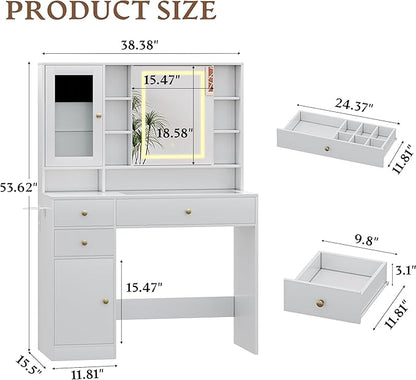 Vanity Desk with Mirror and Lights Makeup Vanity Desk with Lights 3 Colors 38" Dressing Table with Drawer and Cabinet for Bedroom Transparent Glass Top Power Outlet for Bedroom White