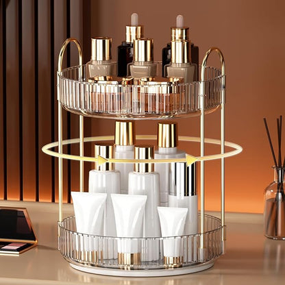 YCIA&DONE 360 Rotating Makeup Organizer and Storage for Vanity Bathroom Countertop, High Capacity Cosmetic Skincare Perfume Organizers for Dresser Lazy Susan (Clear White,2 Tiers)