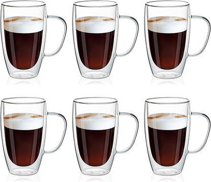 MEWAY 16oz/6 pack Coffee Mugs, Thickened Clear Glass Double Wall Cup with handle for Coffee, Tea, Latte, Cappuccino (16 oz，6)