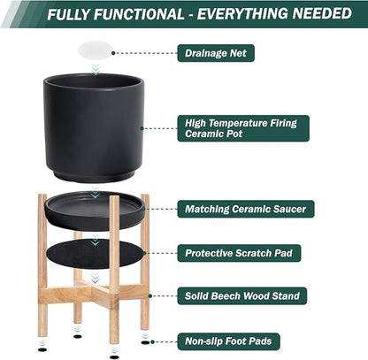 D'vine Dev Ceramic Planter with Natural Stand - 12 Inch Modern Round Flower Pot with Wood Planter Holder, Black, 55-B-J-2