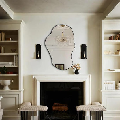 Irregular Wall Mirror, 30"x20" Asymmetrical Decorative Accent Mirror with Black Metal Frame, Organic Shape Mirrors for Entryway Bedroom Living Room, Horizontal or Vertical Hanging ﻿