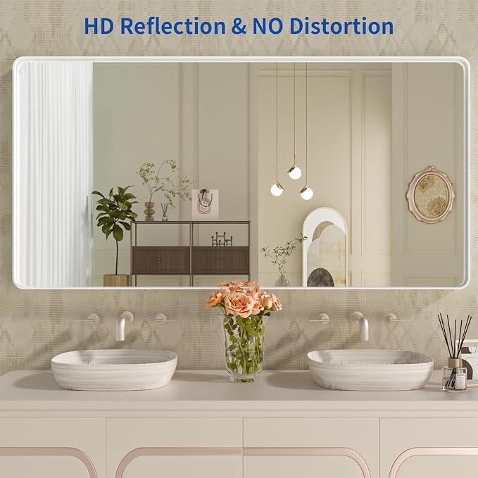 WEER White Bathroom Mirror 60X28 Inch, Rounded Rectangle White Metal Frame Mirror, Matte White Bathroom Vanity Mirror with Tempered Glass, Anti-Rust, Hangs Horizontally or Vertically