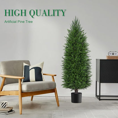 4FT Artificial Topiary Cedar Plants Outdoor, Faux Pine Trees UV Resistant and Potted, 48 Inch Tall Fake Shrubs Evergreen for Front Porch Decor Set of 2