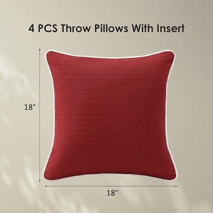 Decorative Outdoor Water Repellent Throw Pillows with Inserts, Set of 4, 18" x18" Pillows for Patio, Backyard, Bed, Couch, and Patio Furniture, Red