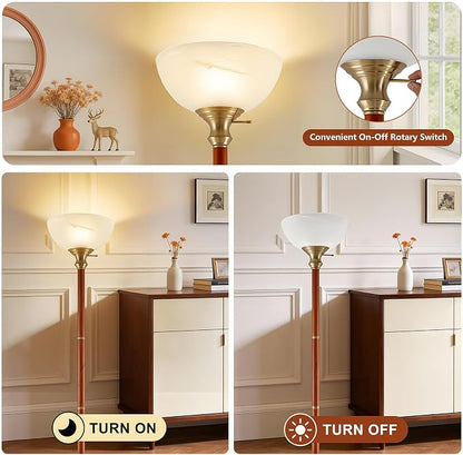 EJIAXIN Wood Floor Lamp for Living Room - Gold Standing Lamp with Glass Shade Torchiere Floor Lamps for Bedroom - Mid Century Modern Corner Tall Lamps for Home Office Nursery Industrial Reading Light