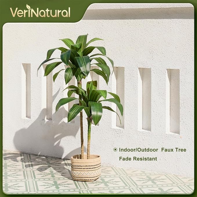 Artificial Dracaena Tree, 4FT Tall Fake Plants with UV Resistant Leaves, Faux Tropical Yucca Trees for Indoor Outdoor, Potted Large Floor Plant for Home Decor Living Room Porch, VN123