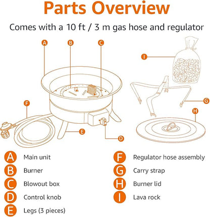 Amazon Basics Portable Propane Fire Pit, 19 inch Round Gas for Patio, 55,000 BTU Carry Strap