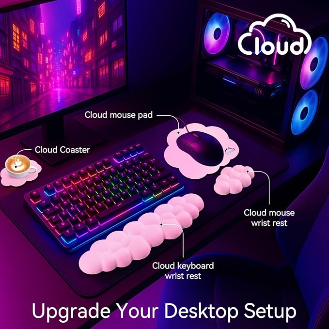 Cloud Wrist Rest for Computer Keyboard, 4-in-1 Memory Foam Leather Cloud