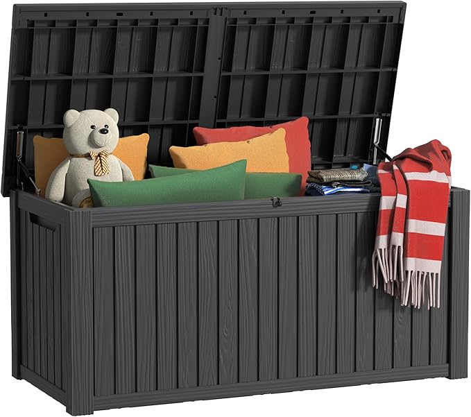 180 Gallon Outdoor Storage Box Waterproof, UV Resistant Resin Deck Box with Hydraulic Rod, Reinforced Stability for Patio, Garden, and Pool, Striped Black