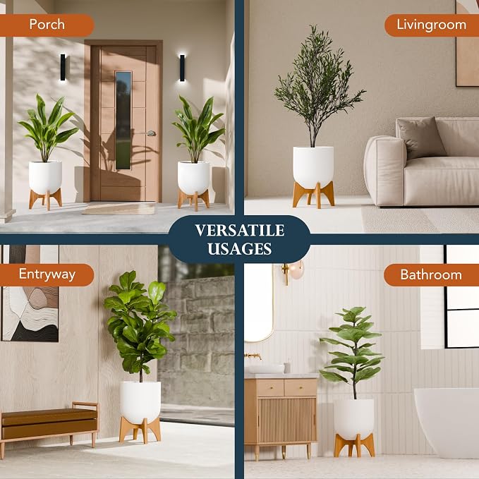 KUTE NEST 8.8" H x 14" W Acacia Solid Wood Plant Stand, Mid Century Plant Holder for Outdoor & Indoor Use, Ideal for Corso & Arco Planter, Golden Finish for Modern Home (Golden Teak, Low - Small)