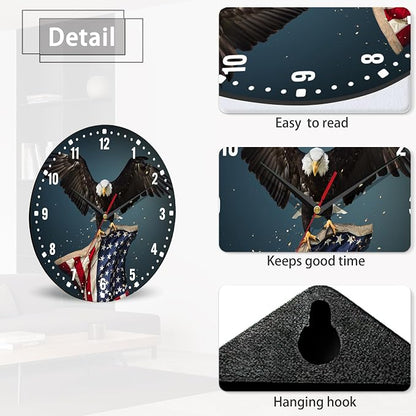 SPUNKER America Flag Eagle Wall Clocks,Patriotic Bald Eagle Wall Clock Battery Operated 10 Inch,Round Clock Silent Non-Ticking Wall Decor for Farmhouse Office Home School Living Room Bedroom