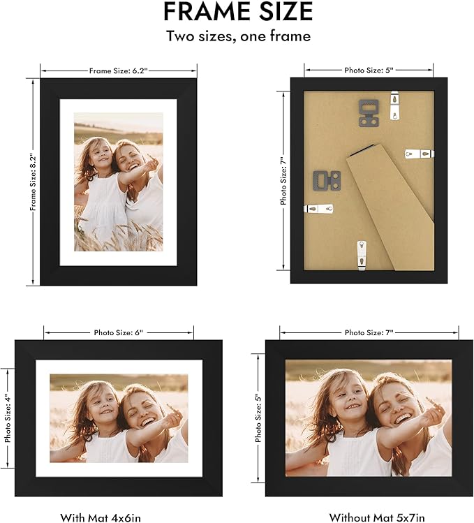 5x7 Picture Frame with Glass, Display Pictures 4x6 with Mat or 5 x 7 without Mat - Wall and Tabletop, 5 by 7 Photo Wooden Frames (Black, 1 Pack)