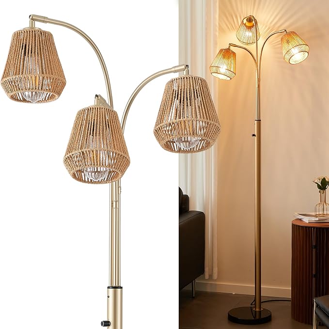 Gold Rattan Floor Lamp for Living Room, 72 Inch Tall Boho Floor Lamp with Rotary Switch, 3 Lights Arc Lamp with Wicker Shade for Coastal,Bohemian,Modern,Tree Farmhouse Standing Lamp