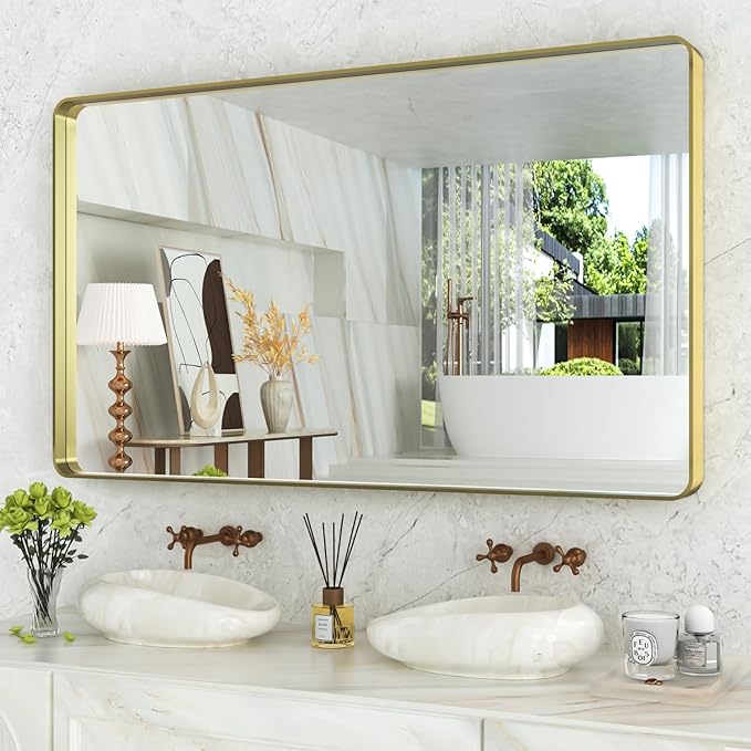 WEER Gold Bathroom Mirror, 55X30 Inch Brushed Gold Metal Frame Mirror, Rounded Rectangle Gold Bathroom Vanity Mirror for Wall, Tempered Glass, Anti-Rust, Hangs Horizontally or Vertically
