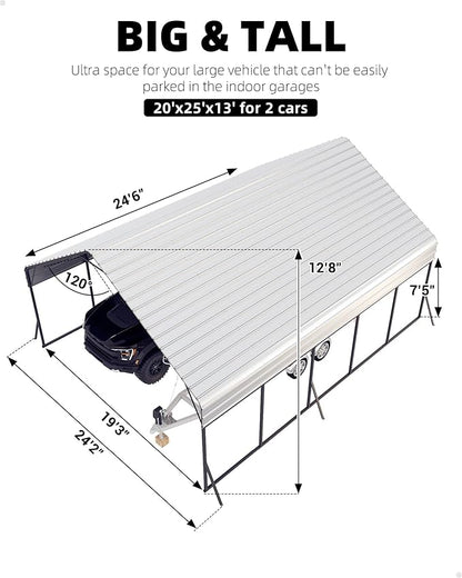 20'x25'x13' Metal Carport for 2 Cars, Heavy Duty Extra Tall Carport for Heavy Snow, Reinforced Frame, Permanent Shelter for Bass Boats, Full-Sized Pickup Trucks, and Tractors, N.W. 980 Lbs