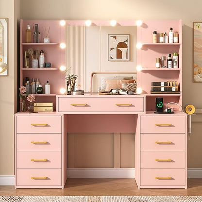 55 in Glass Top Vanity Desk with Mirror and Lights, Large Vanity Makeup Mirror Desk with Charging Station Compartment Storage Drawers, Modern Makeup Vanity with 9 Drawers 6 Shelves, Pink