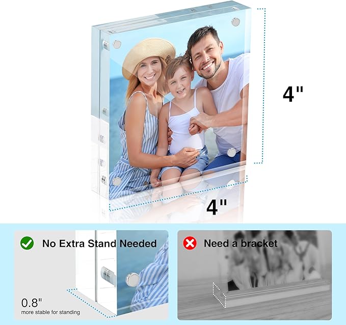 HOUSE DAY Acrylic Picture Frames 4x4, 6 Pack Magnetic 4 x 4 Picture Frame, Double Sided Clear 4x 4 Photo Frame with Microfiber Cloth, Frameless FreeStanding 4x4 Frame Gift for Desktop Display