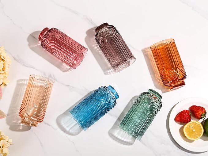 Colored Vintage Drinking Glasses Set of 6-17oz Hand-Blown Highball Ribbed Glassware, Arch Design Cocktail Glasses for Whiskey Water Beverages Ice Coffee Juice Milk