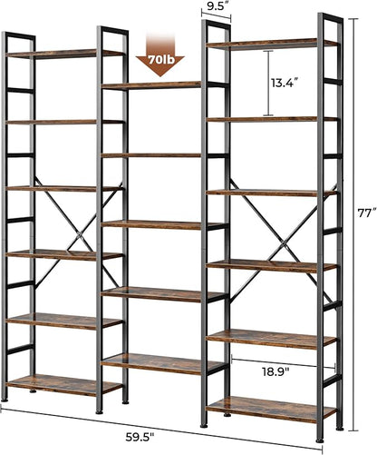 SUPERJARE Triple 6 Tier Bookshelf, Bookcase with 17 Open Display Shelves, Wide Book Shelf Book Case for Home & Office, Rustic Brown