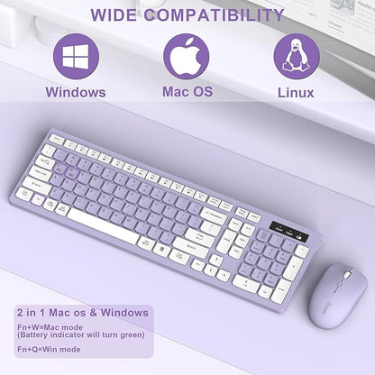 Wireless Keyboard and Mouse Combo, Full-Sized Wireless Keyboard and Adjustable DPI Mouse, 2.4GHz USB Receiver, Silent Keyboard and Mouse for PC, Windows, MAC, Desktop, Laptop(Purple)