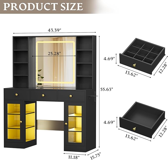 Makeup Vanity Desk with HD Lighted Mirror & Power Outlet, Glass Top Vanity Table Set with Storage Drawers & RGB Cabinets, Large Dressing Table with 3 Lighting Modes for Bedroom Women Girls Kids, Black