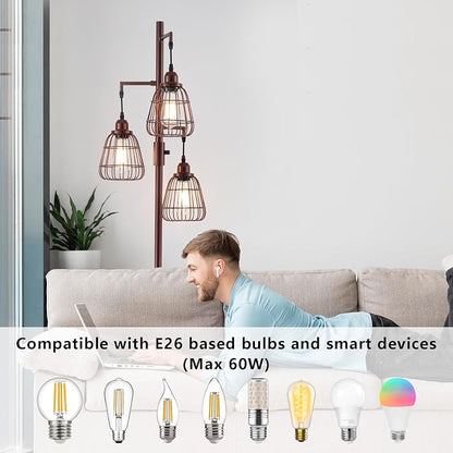 9MMML Dimmable Floor Lamp,Industrial Farmhouse Tall Standing Floor Lamp for Living Room, Bedroom Office,3 Teardrop Cage Lampshade,3 LED Bulbs Inculded. 68'' Tall