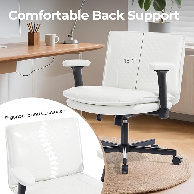 Criss Cross Chair with Flip-Up Arms and Lockable Wheels, Leather Cross Legged Office Desk Chair，Wider 125°Tilting Adjustable Swivel Computer Chair for Home, Apartment, Bedroom,White