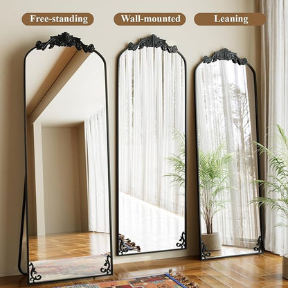 HARRITPURE Vintage Arched Full Length Mirror, 64"x21" Baroque Carved Full Body Mirrors, Large Floor Standing Mirror with Black Aluminum Frame for Bedroom, Living Room, Entryway