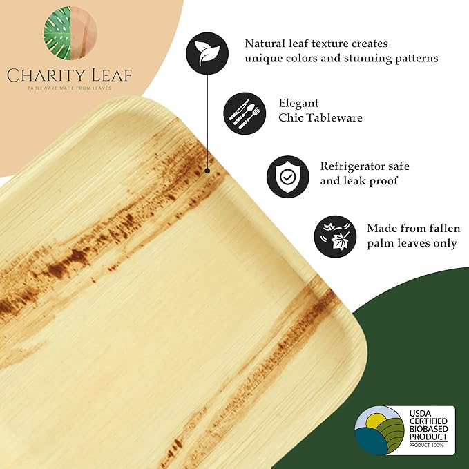 Charity Leaf Disposable Palm Leaf 5" Square Bowl (50 pcs) Dipping Bowls | Bamboo Like| All Natural and Biodegradable | Charcuterie Boards, BBQs, and Parties