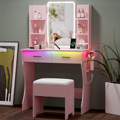 Small Vanity Desk with Mirror and Lights, Makeup Vanity with LED Lights, Pink Vanity Mirror with Lighted Desk and Chair, 3 Lighting Adjustable Compact Dressing Table with Mirror for Women, Girls