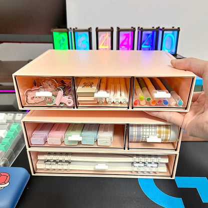 Desk Organizer with 6 Drawers, Makeup Organizer, Plastic Makeup Storage, Cosmetic Storage Organizer, Desk Storage Box, Bathroom Organization Boxes, Desktop Storage Box(Pink)