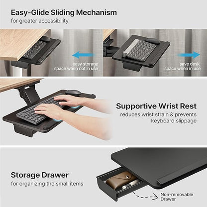 Keyboard Tray Under Desk with Storage Drawer, Height Adjustable Keyboard Tray