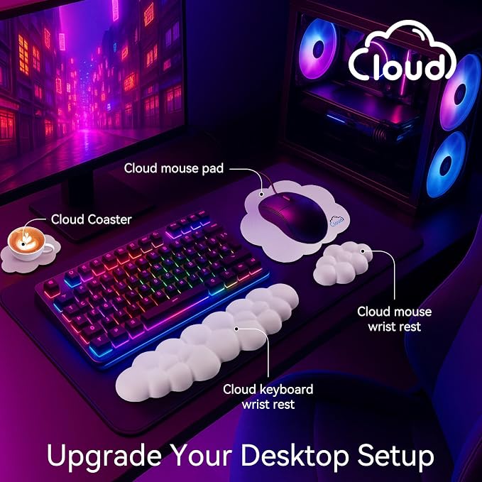 Cloud Wrist Rest for Computer Keyboard, 4-in-1 Memory Foam Leather Cloud