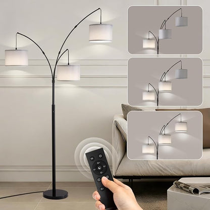Netin 3 Light Arc Floor Lamps for Living Room, Led Floor Lamp with Remote Control, Modern 80" Tall Standing Lamp with Gray Shades, 3 Color Temperature, Mid Century Tree Floor Lamp for Bedroom, Office