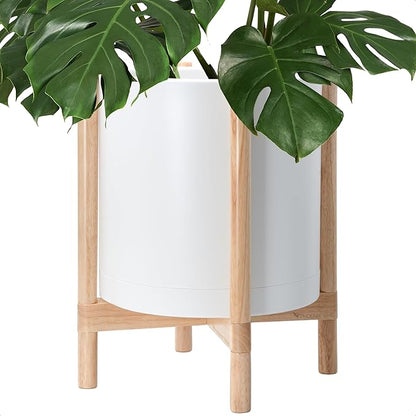 D'vine Dev Planter Pot with Stand - 16 Inch Plastic Cylinder Flower Pot with Wood Planter Holder for Indoor, Matte White Pot + Natural Stand, 55-C-Y-1