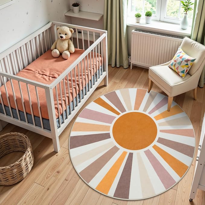 STARUIA Boho Sun Round Washable 6Ft Area Rug for Living Room, Soft Non-Slip Boho Rainbow Kids Nursery Orange Throw Rug Carpet for Bedroom, Circle Colorful Kitchen Rug for Classroom Office Dining Room