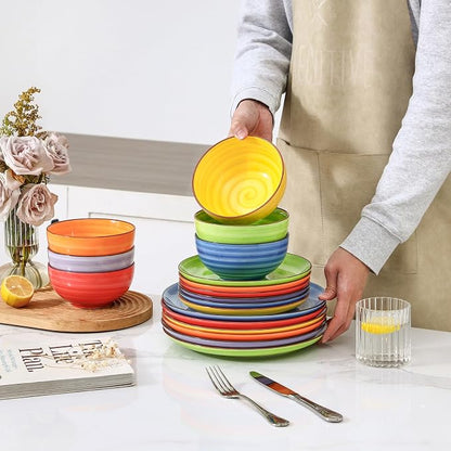 Selamica Ceramic Plates and Bowls Sets,18 Pieces Dinnerware Sets for 6,Dishwasher & Microwave Safe dish set,Family & Holiday Dining, Dopamine