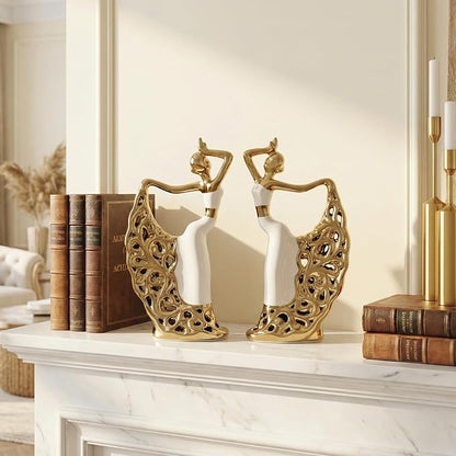 2 Pcs Ceramic Statues Home Decor, Dancer Women Sculpture Figurine, Modern Aesthetic Abstract Art Decorative Accent for Living Room Bedroom Bookshelf Dining Table Centerpiece Office (White and Gold)