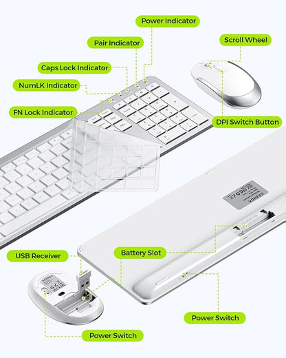 Wireless Keyboard and Mouse Combo - Full Size Slim Thin Wireless Keyboard Mouse with Numeric Keypad 2.4G Stable Connection Adjustable DPI (White & Silver)
