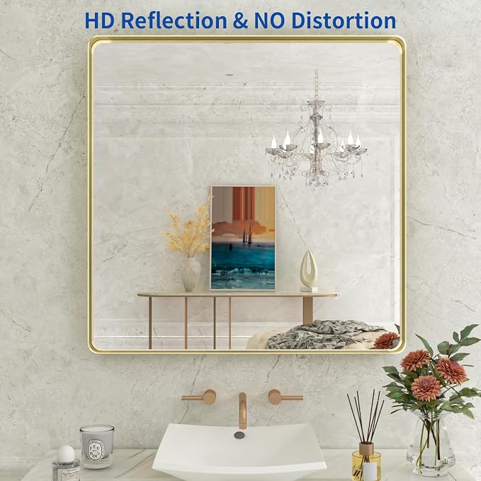 WEER Gold Bathroom Mirror, 36X36 Inch Brushed Metal Frame, Rounded Rectangle Vanity for Wall, Tempered Glass, Anti-Rust, Hangs Horizontally or Vertically