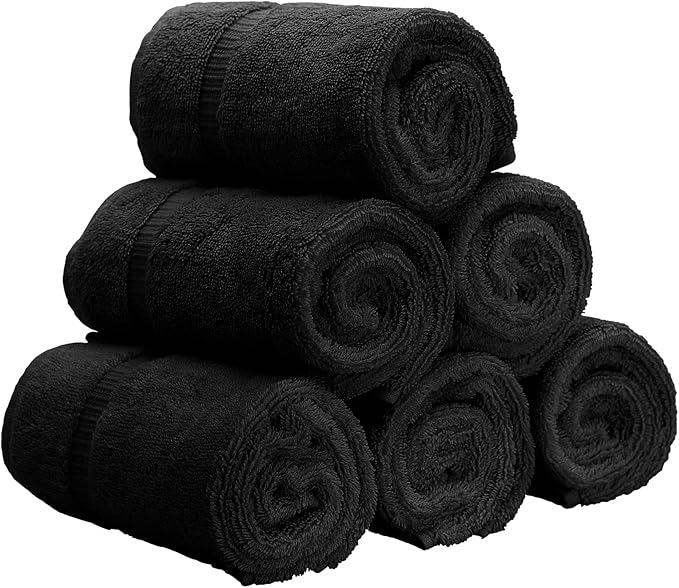 Luxury Hotel & Spa Quality, Quick Dry 100% Turkish Cotton 700 GSM, Eco Friendly Towel, for Bathroom, Gymand Kitchen Dobby Border Soft Hand Towel Set 16 X 30, Black, Hand Towels - Set of 6