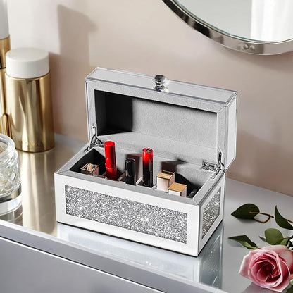Glass Lipstick Organizer,21 Space Rollerball Perfume Organizer with Lid,Lip Gloss Organizer for Vanity, Crushed Diamond Home Decor
