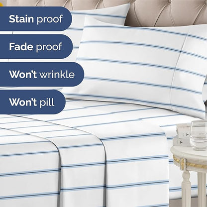 Striped Sheets - Blue & White Striped Sheets - 1 Flat & 1 Fitted & 2 Pillowcases w/ Deep Pockets – Wrinkle & Fade Free- Soft, Breathable and Cooling - Queen Size Bed Set – Luxury Pinstripe Bed Set