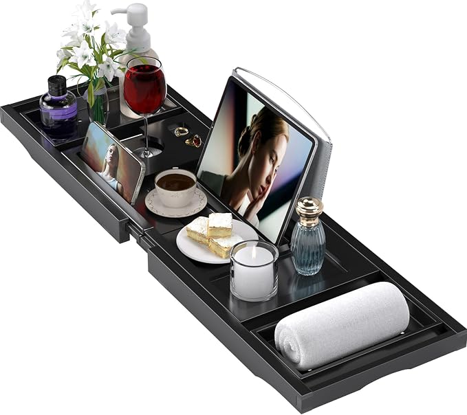 Bathtub Tray Caddy, Expandable Bath Trays for Tub, Bamboo Shelf & Table with Wine Glass Holder,Bathroom Accessories for New Home & Mothers Day & Birthday Gifts for Mom,Black