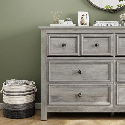 LGHM Dressers for Bedroom with 8 Drawers,54" Long Dresser Wood Legs, Modern Farmhouse Wood Chest of Drawers, Wide Dresser with Deep Drawers, Light Gray
