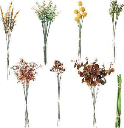 Floroom Artificial Greenery Stems Box Set, 62pcs with 7 Kinds of Faux Greenery Flowers Picks for DIY Bridal Bouquets Wedding Floral Arrangement Table Centerpieces, Terracotta & Amber